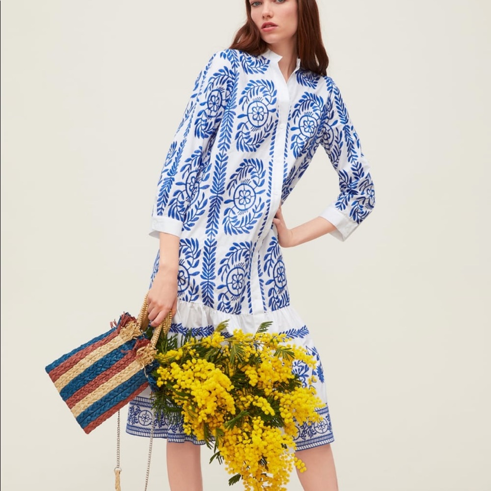 Zara Blue Embroidered Shirt Dress